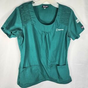 Cherokee Green Sparrow Smocked Shoulders Short Sleeve Scrub Top Size Small